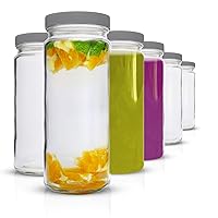 All About Juicing Clear Glass Water Bottles Set - 6 Pack Wide Mouth with Lids for Juice, Smoothies, Beverage Storage - 16 oz, Durable, Reusable, Dishwasher Safe, Leak Proof (Grey Caps)