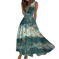 Summer Dresses for Women 2024 Elegant Beach Dress Floral Print Wrap V Neck Sundresses Flowy Sleeveless Maxi Dress