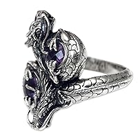 NOVICA Artisan Handmade Amethyst Cocktail Ring .925 Sterling Silver Dragon Jewelry with Amethysts Purple Indonesia Orchid Animal Themed Birthstone 'Noble Dragons'