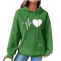 Women Fall Hoodies 2023 Fashion Heartbeat Print Waffle Clothes Plain Casual Drawstring Pullover Hooded Sweatshirts