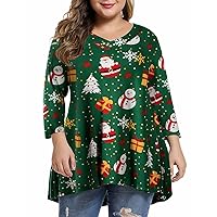 MONNURO Plus Size 3/4 Sleeve V Neck Button Casual Loose Flowy Swing Tunic Tops Basic Christmas Shirts for Women(Green,4X)