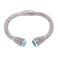 NOVICA Artisan Handmade Turquoise Cuff Bracelet .925 Sterling Silver from Bali Natural Blue Tone Indonesia Birthstone Balinese 'Dragon Beauty'