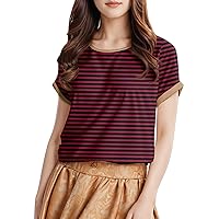 Black and White Stripe Shirt Oversized Tshirts for Women 2024 Striped Pattern Trendy Fashion Y2k Cool with Short Sleeve Round Neck Blouses Deep Red Medium
