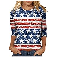July 4Th Shirts for Women American Flag Patriotic T Shirt Crewneck 3/4 Sleeve Summer Independence Day Blouses
