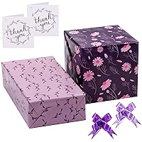 LeZakaa Floral Wrapping Paper Set with Thank You Gift Tags & Pull Bows - Purple Daisy Print for Mother's Day - 19.68