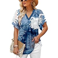 onlypuff Womens Double Layered Tunic Tops Half Sleeve Floral Double Layered Sheer Flowy Blouse Round/V Neck Casual Shirts