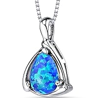 PEORA Created Blue Fire Opal Teardrop Pendant Necklace for Women 925 Sterling Silver, 1 Carat Pear Shape 10x7mm, with 18 inch Chain