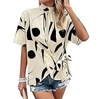 Novelty Rhapsody Women's Blouses Dressy Casual Chic Mock Neck Tie Front Tops Short Sleeve Dating