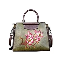Women's Top Handle Square Bag Stylish Genuine Leather Flower Print Soft Handbags Medium Purses Work Tote Shoulder Bags