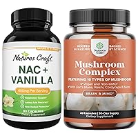 Bundle of NAC Supplement N-Acetyl Cysteine 600mg and Nootropic Brain Focus Mushroom Supplement - Liver Cleanse Detox Kidney Support Lung Health Immunity - 10X Mushroom Blend for Natural Sugar Balance