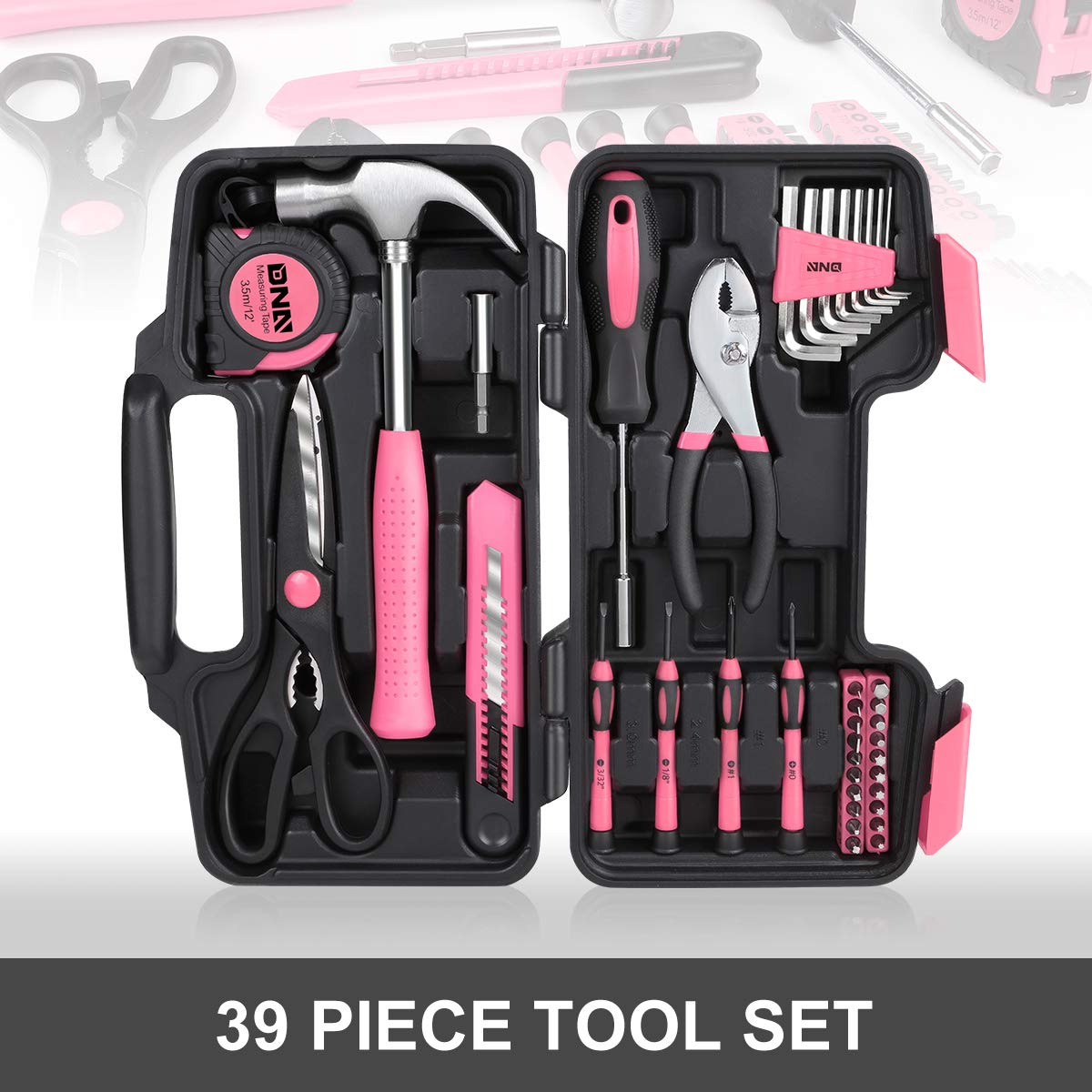 DNA MOTORING Pink 39 PCs Portable TooL Kit Household Hand Toolbox General Repair Screwdriver Pliers Hammer Hex (TOOLS-00009)