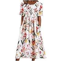 Womens Summer Dress Casual Floral Print Midi Dress Round Neck Short Sleeve Dresses Flowy Boho Beach Party Sundress