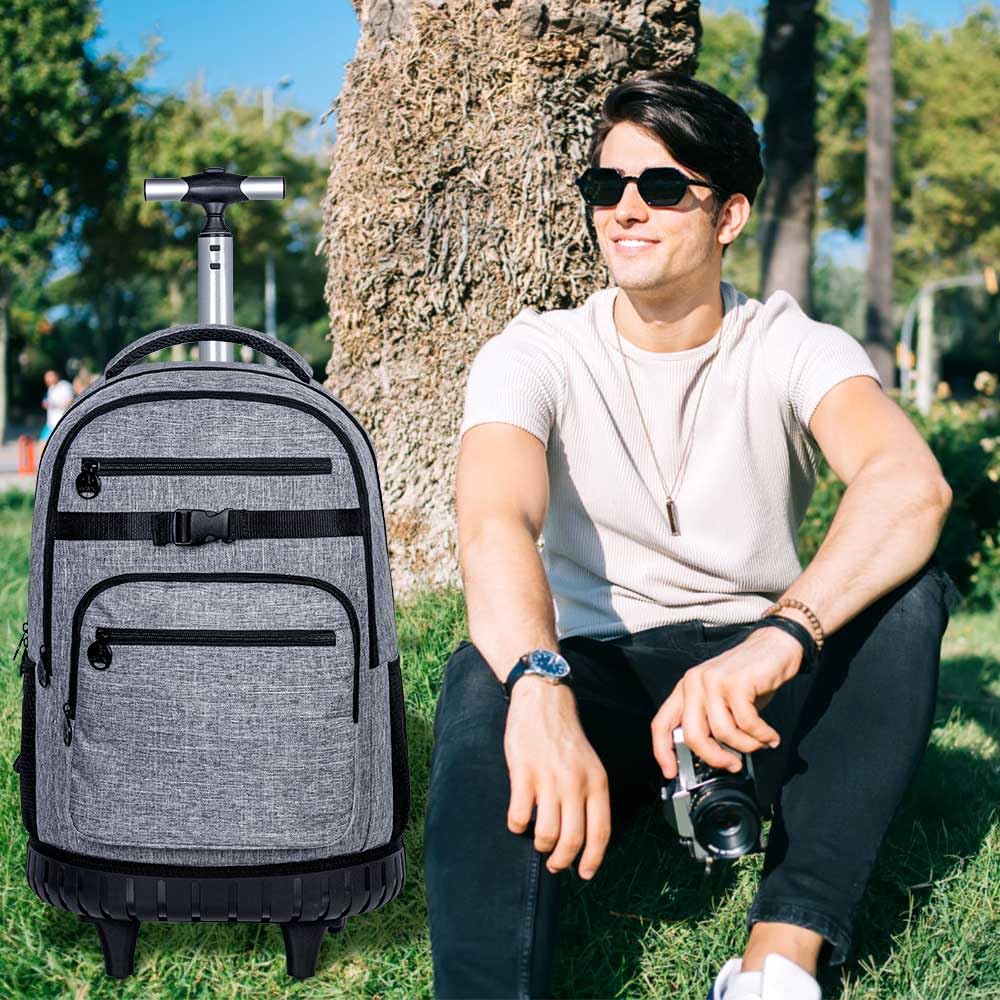 3PCS Rolling Backpack for Men, 19 Inches Travel Roller Bookbag with Wheels, Teen Boys College Backpacks Wheeled - Grey