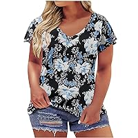 Plus Size Womens Floral Tunic Tops Ruffle Trim Short Sleeve V Neck Blouses Summer Casual Loose Comfy Shirts for Leggings