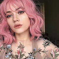 Womens Wig Pastel Pink Wigs,Short Wavy Curly Bob Hair Wigs with Air Bangs,Synthetic Cosplay Wig for Girl Colorful Costume Wigs