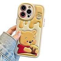 Compatible with iPhone 15 Pro Max Cute Case, TPU Leather Phone Emboss Cartoon case Soft Rubber Shockproof Protective Case for iPhone 15 Pro Max Case Cover for Women Girls Kid (Yellow Bear)