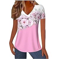 Floral Print Summer Tops for Women Short Sleeve V Neck Tunic Shirts Oversized Tshirts Loose Hide Belly Blouses for Leggings