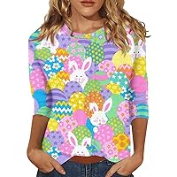 3/4 Sleeve Blouse Ladies Tunic O-Neck Tee Summer Tshirt Easter Bunny Egg Print Trendy Dressy Tops Fashion Fashion Shirt