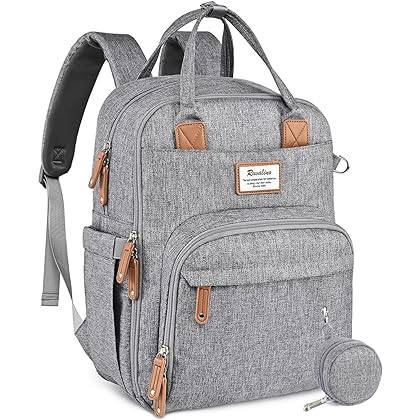 RUVALINO Diaper Bag Backpack, Multifunction Travel Back Pack Maternity Baby Changing Bags, Large Capacity, Waterproof and Stylish, Gray