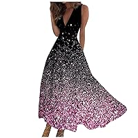Sparkly Dresses for Women, Plus Size Maxi Dress Vintage Dress for Women Sleeveless Dress Women's Fashion Maxi Loose V Neck Ladies Outdoor Floral Print Weekend Boho 2024 Swing (Pink,Medium)