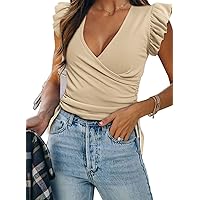 FARYSAYS Women's Summer Crop Tops Wrap V Neck Ruffle Sleeve Drawstring Ruched Side Casual Blouses Shirts