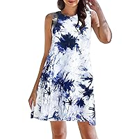 Simple Floral Camouflage Print Cocktail Dress Spring and Summer Loose Round Neck Suspender Sleeveless Dresses for Women