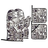 Glitter Abstract Diamond Crystal Pattern Oven Mitts and Pot Holders4 Pcs Set Heat Resistant Microwave Gloves Baking Cooking