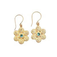 Flower Design Green Apatite. Hydro Gemstone Brass Handmade Hook Earrings Jewelry
