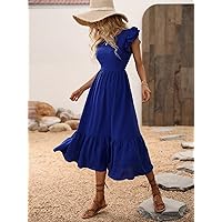 Dresses for Women - Butterfly Sleeve Ruffle Hem Dress (Color : Royal Blue, Size : Large)