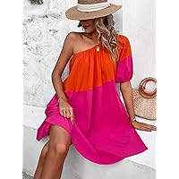 Dresses for Women - Colorblock One Shoulder Puff Sleeve Dress (Color : Hot Pink, Size : Medium)