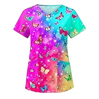 Women's Nursing Working Tops Plus Sized Butterfly Print V Neck Scrub Shirts with Pocket Fashion Lightweight Top