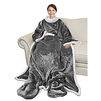 Catalonia Sherpa Wearable Blanket with Sleeves & Foot Pockets for Adult Women Men, Comfy Snuggle Wrap Sleeved Throw Blanket Robe, Gift Idea, Grey