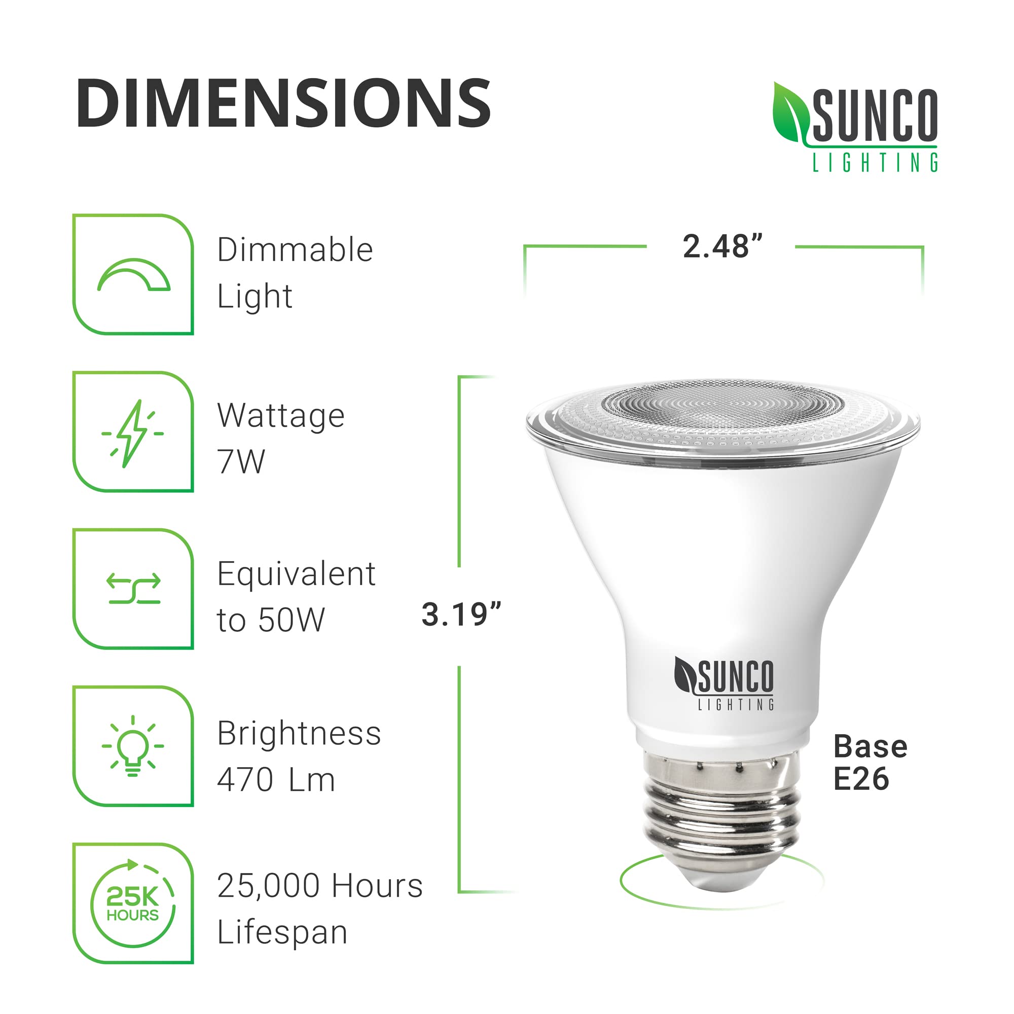 Sunco 10 Pack PAR20 LED Bulbs 50W Equivalent 7W, Dimmable 3000K Warm White, 470 LM, E26 Medium Base, IP65 Waterproof, Indoor Outdoor Flood Light - UL