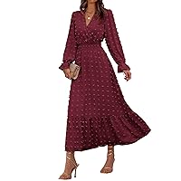 BTFBM Women Fall Dresses 2024 Long Sleeve V Neck Swiss Dots Maxi Dress Boho Long Dress High Waisted A-Line Ruffle Dress