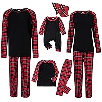 Family Christmas Pajamas Outfits Red Black Plaid Xmas Loungewear Raglan Sleeve Tops and Pants Sleepwear with Dog Pjs