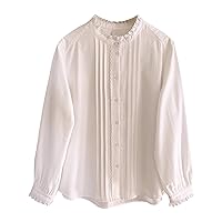 Mandarin Collar Button Down Lace Shirts Women Vintage Cute Long Sleeve Tunic Blouses Dressy Casual Fancy Tops