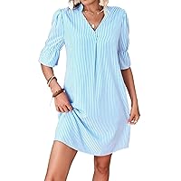 Summer Dresses for Women 2023 Striped Print Notched Neckline Flounce Sleeve Dress