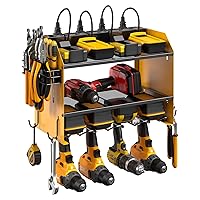 CCCEI Set Power Tool Organizer Wall Mount with Charging Station. Garage 4 Drill Storage Shelf with Hooks, Heavy Duty Metal Tool Battery Charger Organizer. Shop Utility Rack with Power Strip Yellow.