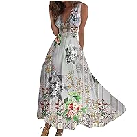 Prom Dresses for Women Summer Trendy Print Zipper Hem Loose Long Dresses Sexy Deep V Neck Sleeveless Swing Dress