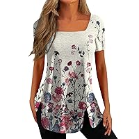 Womens Summer Tops 2023 Square Neck Short Sleeve Tees Tops Oversized Tshirts Printed Loose Comfortable Blouses