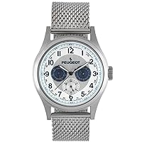 Peugeot Men's Multi-Function Calendar Watch - Water Resistant Stainless Steel Case and Leather Band