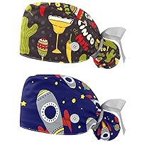 Adjustable Bouffant Cap with Buttons 2 Packs Fruit Citrus Yellow Lemon Nursing Surgery Cap Women Ponytail Pouch Hats