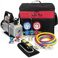Premium 4CFM Air Vacuum Pump HVAC A/C Refrigeration Kit AC Manifold Gauge Case Set R134a Tap w/Leak Detector and Carrying Tote Bag