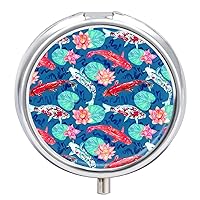 Pill Box Red Colorful Goldfish Lotus Flowers and Lotus Leaves Round Medicine Tablet Case Portable Pillbox Vitamin Container Organizer Pills Holder with 3 Compartments