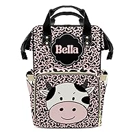 Personalized Pink Cow Leopard Print Diaper Bag Shoulder Backpack with Name Nursing Baby Bags for Boys Girls