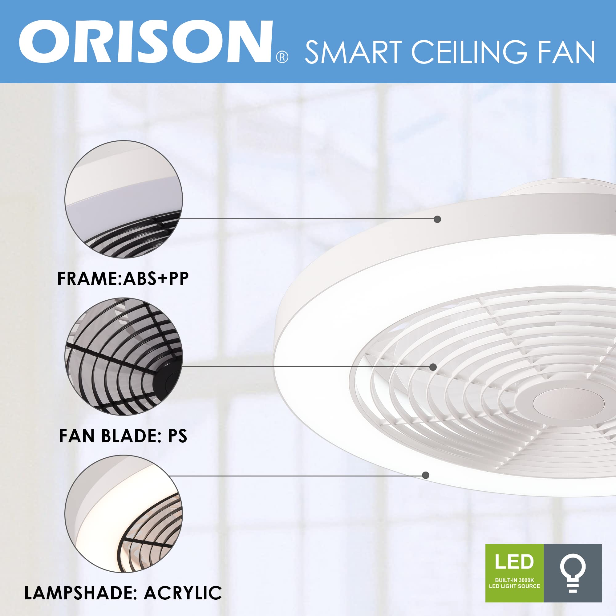 Orison Low Profile Ceiling Fan with Lights- 19.7 in Smart Bladeless Ceiling Fans with Alexa/Google Assistant/App Control Color Changing LED-RGB Back Ambient Light for Living Room Bedroom