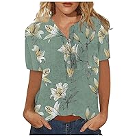 Tsamuo Shirts for Women Casual Fashion Cotton Linen Printed Short Sleeve Dressy Loose Fit PulloversTops for Women 2023