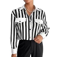 WDIRARA Women's Striped Long Sleeve Blouse Shirt Button Front Collared Neck Top