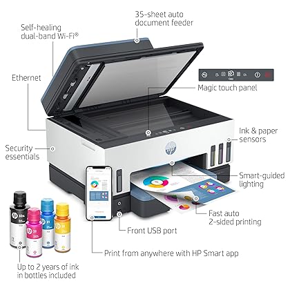 HP Smart -Tank 7602 Wireless All-in-One Cartridge-free Ink Printer, up to 2 years of ink included, mobile print, scan, copy, fax, auto doc feeder, featuring an app-like magic touch panel (28B98A),Blue