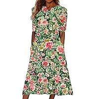 Summer Dresses for Women 2024 Floral Print Bohemian Casual Loose with Short Sleeve Button V Neck Pockets Dress